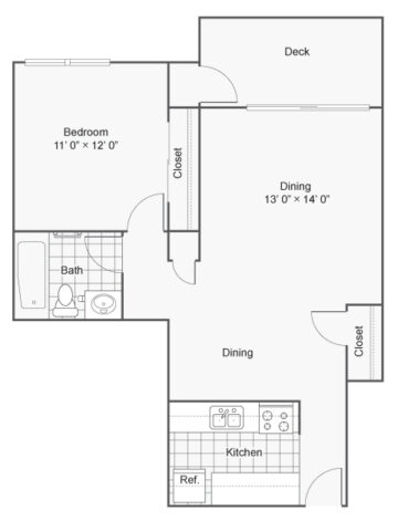 1 bedroom with a deck floorplan