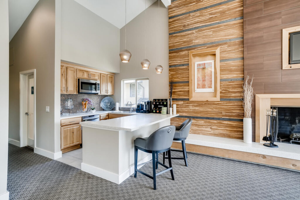 Clubhouse with kitchenette at Park 120 apartment complex in Everett, WA