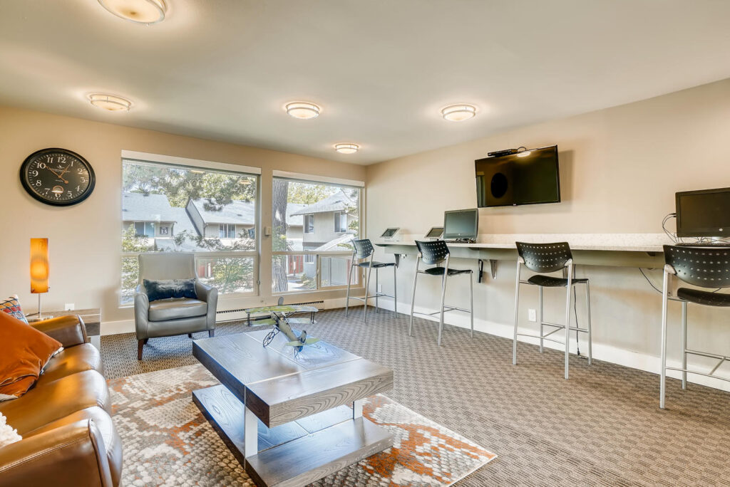 Clubhouse lounge with sofas and computer station
