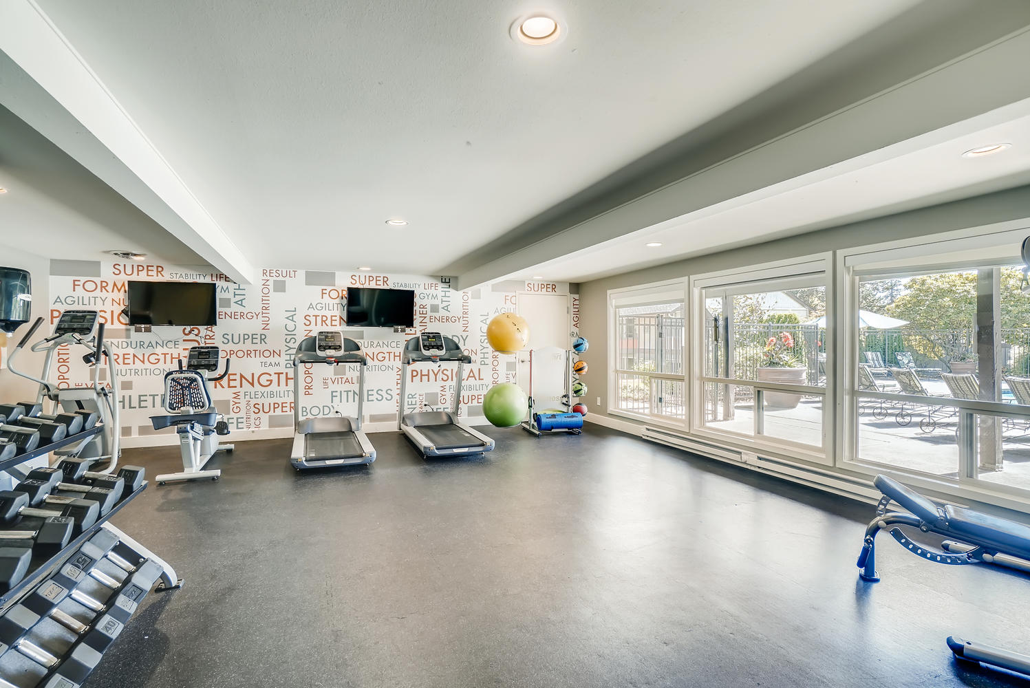 Fitness center with free weights and cardio machines