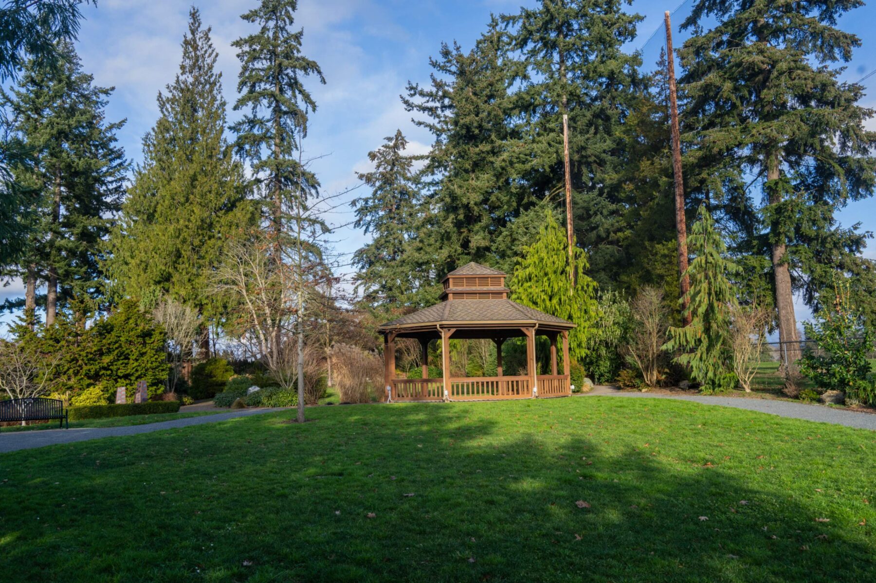 Outdoor grassy area with a gazebo and trees