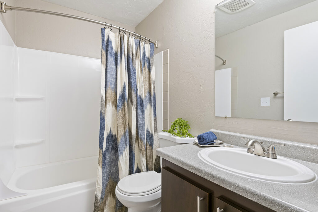 A clean, modern bathroom with a white bathtub, blue and beige patterned shower curtain, white toilet, gray countertop with a sink, silver faucet, and a small green plant near the toilet.